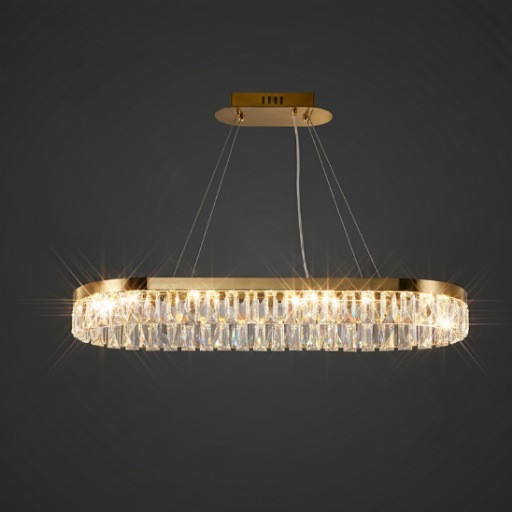 لوستر لاینر مدرن کریستالی با بدنه فلزی طلایی و آویزهای کریستال تراشخورده دو ردیفه