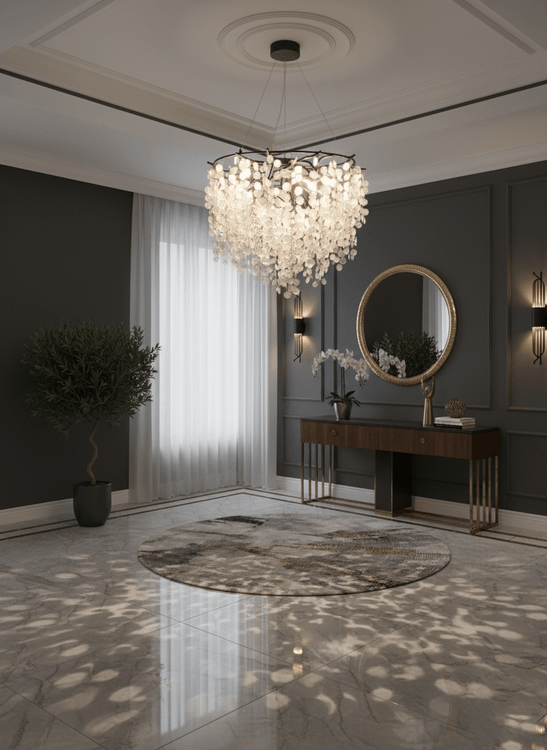 لوستر فانتزی طرح درختی با نورپردازی متمرکز روی زمین و بدنه تیره.