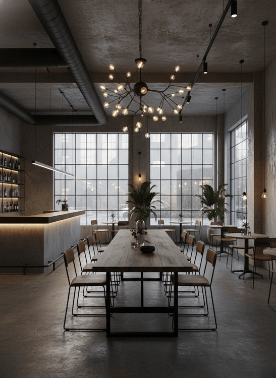 لوستر مدرن مناسب برای رستوران و کافه با طراحی داخلی صنعتی