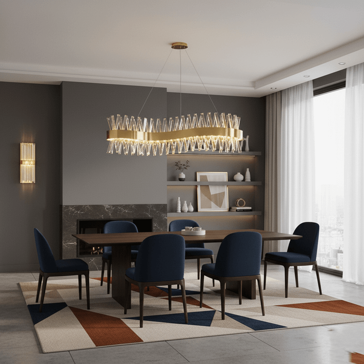 لوستر لاینر مدرن با بدنه طلایی موجدار و کریستالهای نامنظم نصب شده بالای میز ناهارخوری در دکوراسیون پذیرایی مدرن.