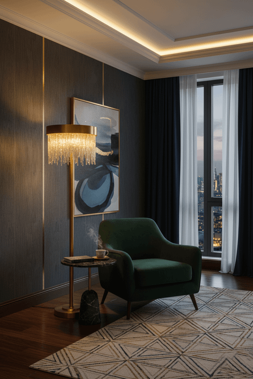 آباژور پایه بلند مدرن رنگ مشکی استاتیک ضد خش و آبکاری طلایی فورتیک با کلاهک استوانهای ۴۰ و آویز کریستال قندیلی