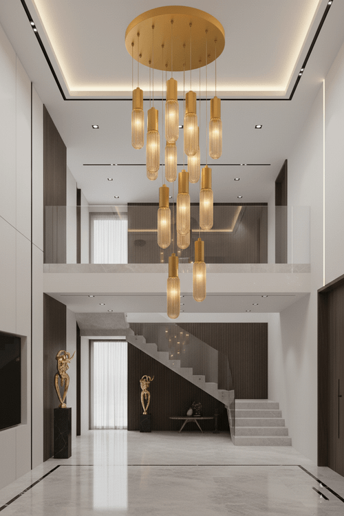 آویز طبقاتی ۱۲ شاخه دیامان رنگ طلایی براق در دکوراسیون داخلی ویلای لوکس