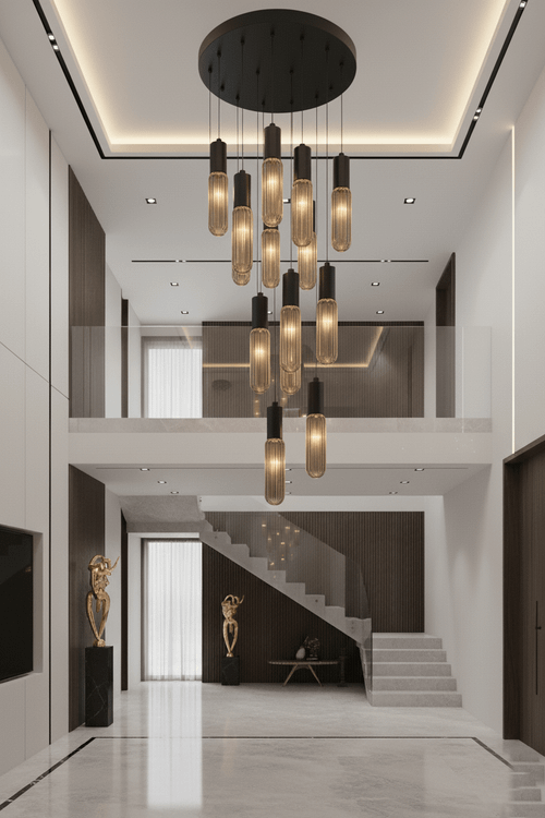 لوستر مدرن ۱۲ شعله مشکی استاتیک چیدمان طبقاتی در فضای وید و راه پله دوبلکس