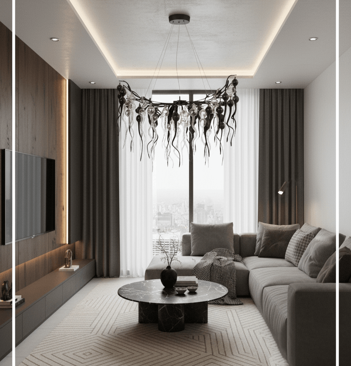 لوستر مدرن و مجلل با شاخههای فلزی مشکی و حبابهای شیشهای اشکی و پیچخورده، آویزان در TV room لوکس.