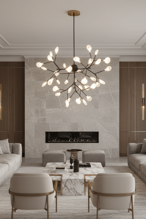 لوستر مدرن طرح شاخهای با بدنهی فلزی مشکی و حباب عدسی خاص مناسب برای پذیرایی و tv room با چیدمان مدرن