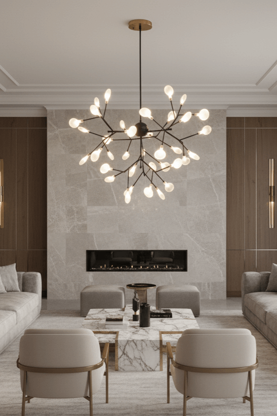 لوستر مدرن طرح شاخهای با بدنهی فلزی مشکی و حباب عدسی خاص مناسب برای پذیرایی و tv room با چیدمان مدرن
