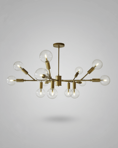 لوستر فانتزی 15 شاخه طلایی با حبابهای گرد شیشهای، مناسب برای دکوراسیون پذیرایی و اتاق خواب مدرن