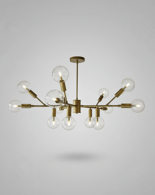 لوستر فانتزی 15 شاخه طلایی با حبابهای گرد شیشهای، مناسب برای دکوراسیون پذیرایی و اتاق خواب مدرن