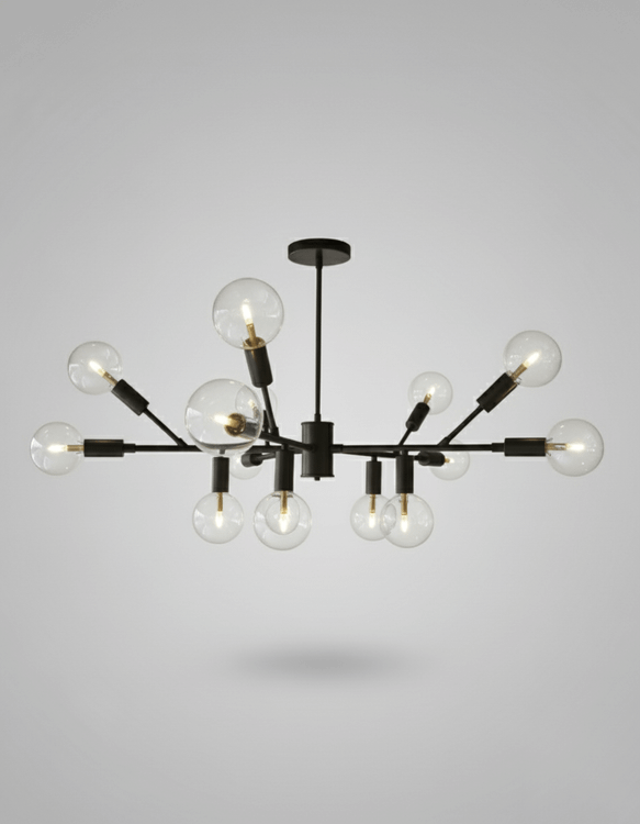 لوستر مدرن 15 شعله با بدنه فلزی مشکی مات و حبابهای شیشهای شفاف کروی، طرح اسپوتنیک شاخهدار