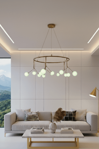 چراغ آویز مدرن طلایی با 150شعله حباب فیروزه ای مات