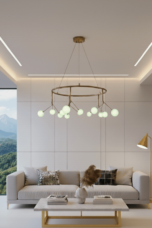 چراغ آویز مدرن طلایی با 150شعله حباب فیروزه ای مات