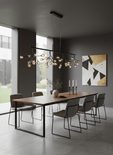 آویز مدرن مدل اولایت مشکی بالای میز ناهارخوری ۸ نفره در دکوراسیون مینیمال
