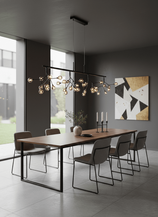 آویز مدرن مدل اولایت مشکی بالای میز ناهارخوری ۸ نفره در دکوراسیون مینیمال